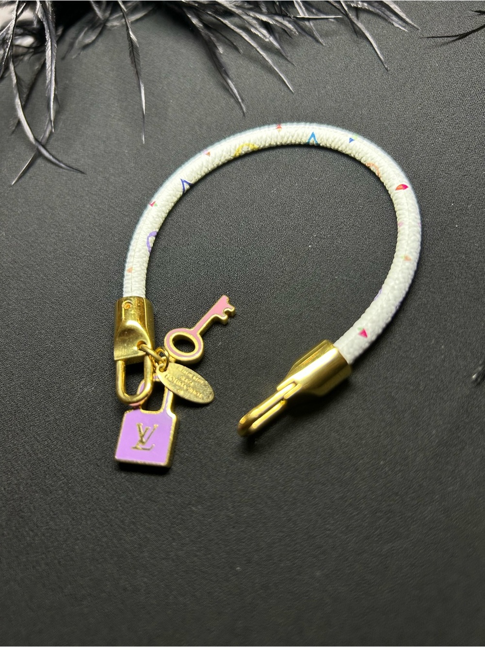 Louis Vuitton White Monogram Canvas Key Charm Bracelet with Pink & Gold Accents